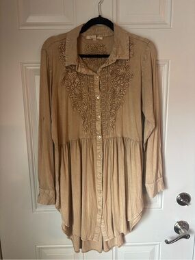 Solitaire Beige Embroidered Button-Down Tunic Top